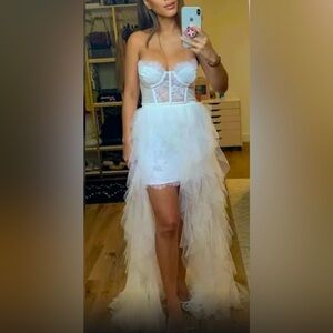 White lace top TULLE ruffle maxi dress, small